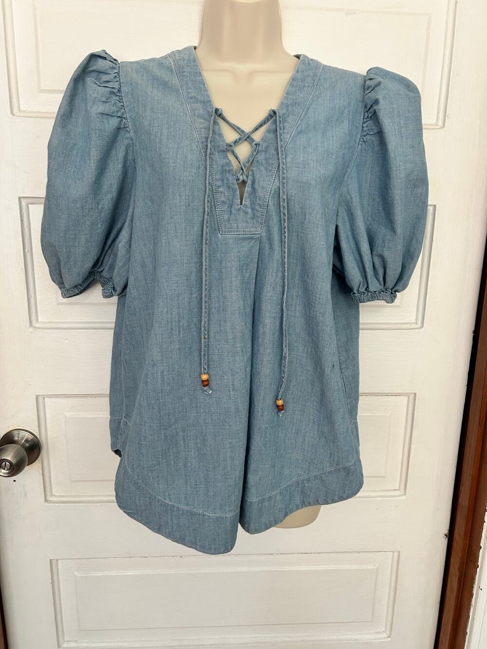 Lauren Ralph Lauren Medium Wash Denim Shirt Poof Sleeve n Tie Super Cute Med XC
